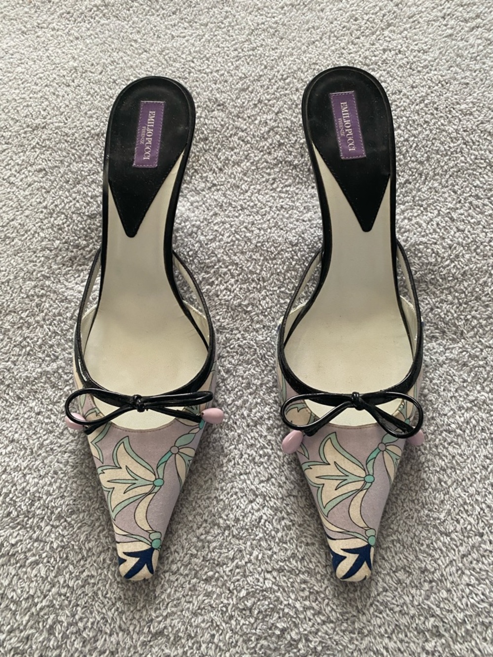 Emilio Pucci Pastel Floral Pointed-Toe Mules with Black Trim